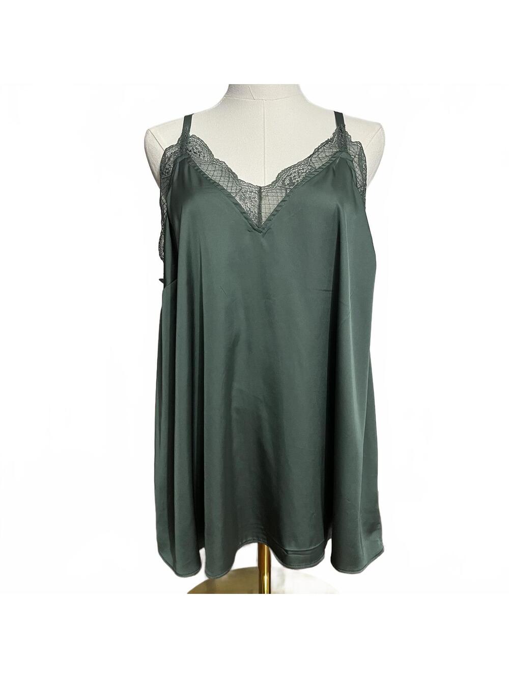 Torrid Y2K Dark Sage Green Satin Lace Cami Top Size 1 Plus Feminine Romantic